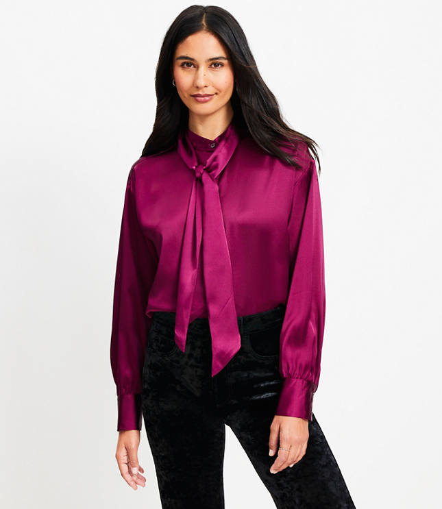 Petite Satin Removable Tie Neck Shirt