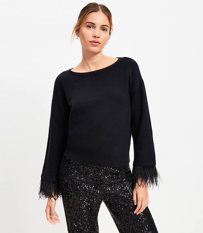 Petite Feathered Cuff Boatneck Sweater