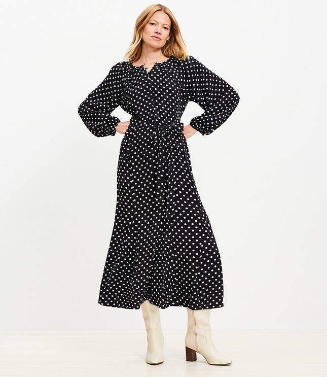 Dotted Button Godet Midi Dress