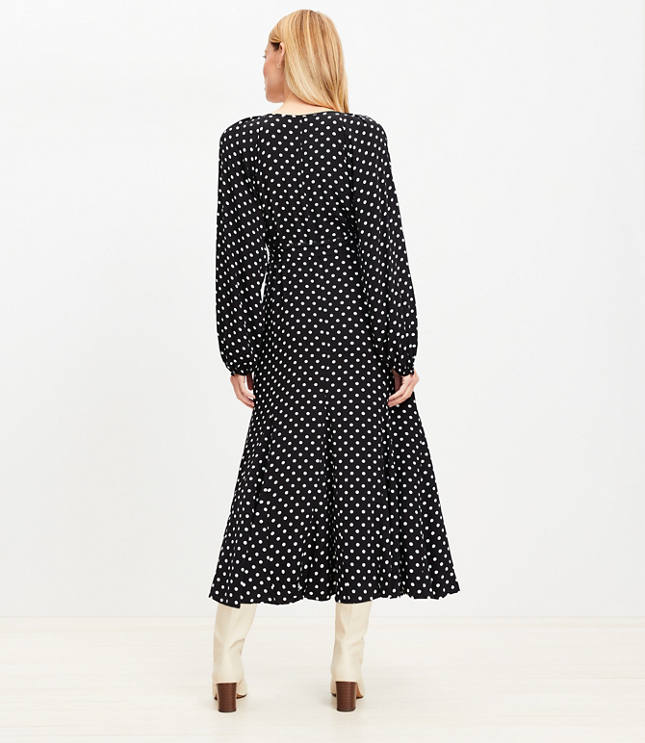 Dotted Button Godet Midi Dress