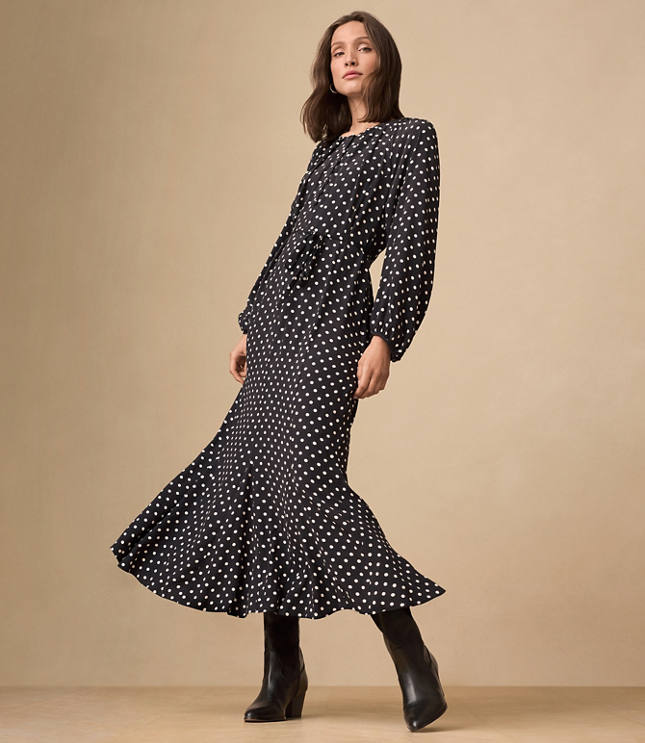 Dotted Button Godet Midi Dress