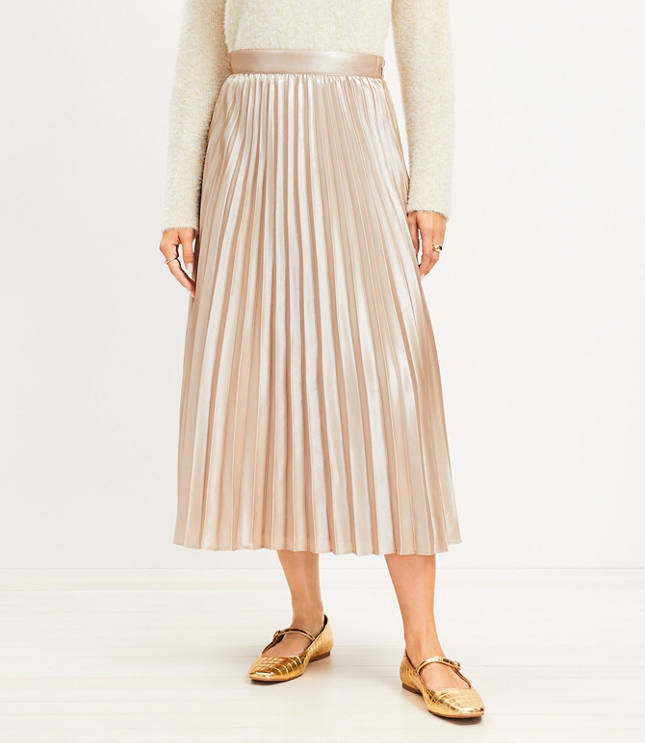 Foiled Satin Pleated Midi Skirt