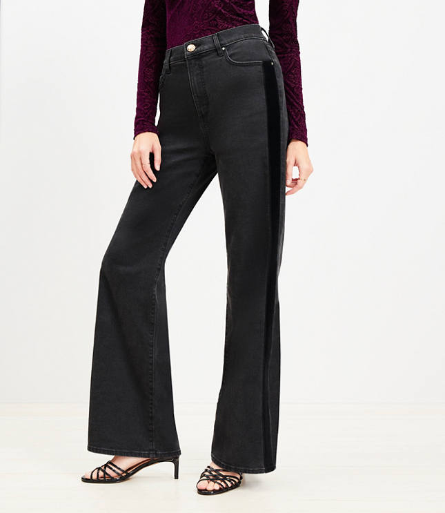 Velvet Stripe High Rise Wide Leg Jeans in Washed Black