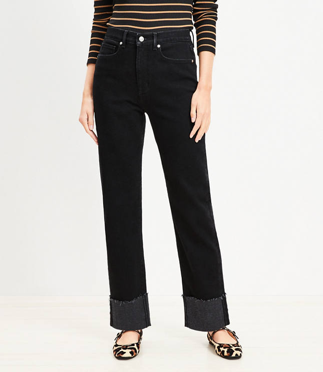 Petite Flip Cuff High Rise Straight Jeans in Washed Black