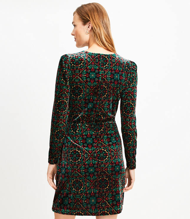 Petite Ornamental Floral Shirred Velvet Mini Dress