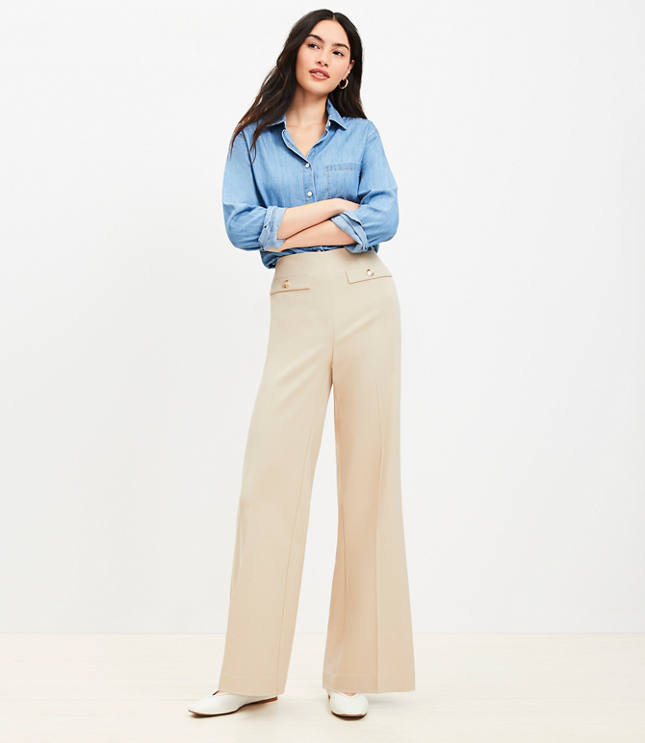 Button Trim Wide Leg Pants in Twill