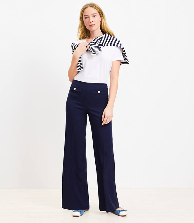 Button Trim Wide Leg Pants Twill