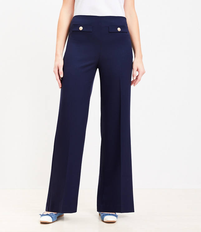 Button Trim Wide Leg Pants Twill