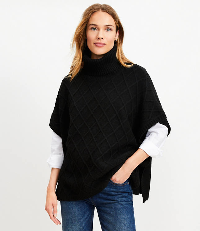 Cable Turtleneck Poncho - Black