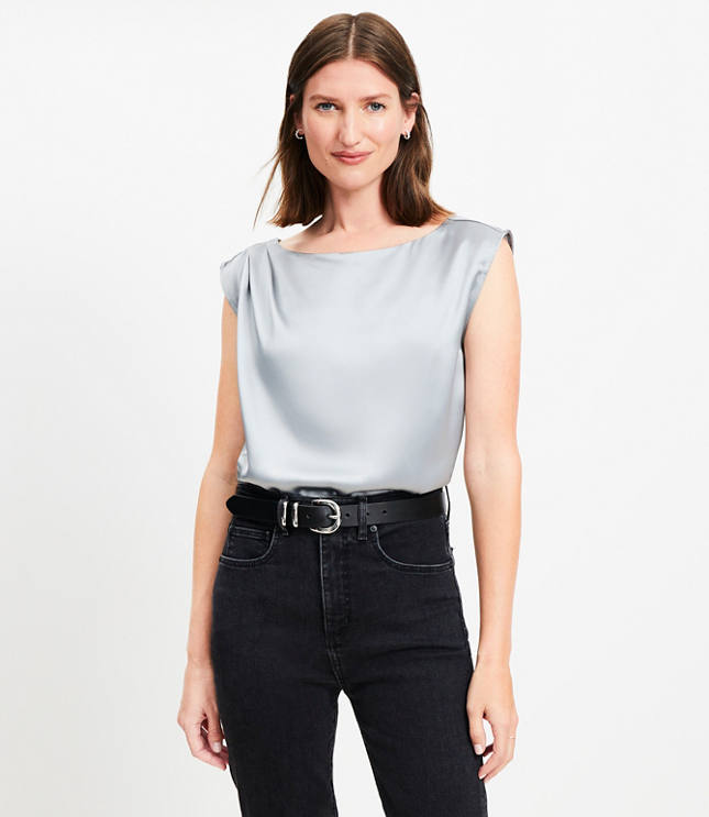 Satin Pleated Shoulder Boatneck Top