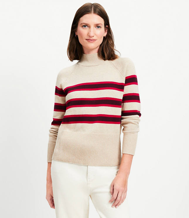 Striped Ribtrim Mock Neck Sweater