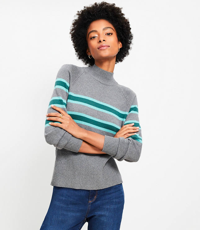 Striped Ribtrim Mock Neck Sweater