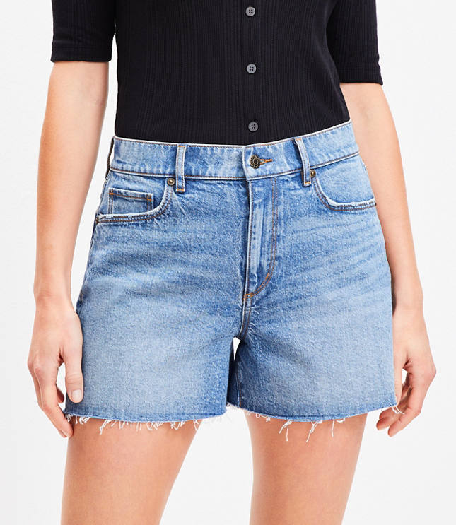 Destructed High Rise Cut Off Denim Shorts Authentic Dark Wash