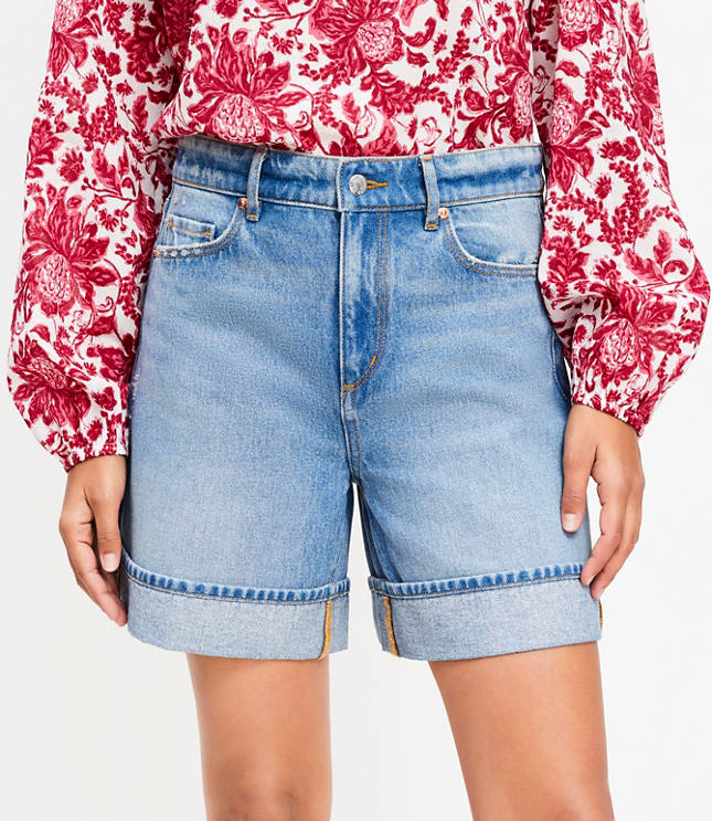 Cuffed High Rise Denim Shorts in Vintage Light Indigo Wash