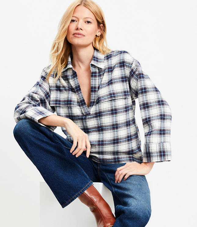 Petite Plaid Flannel V-Neck Pocket Popover