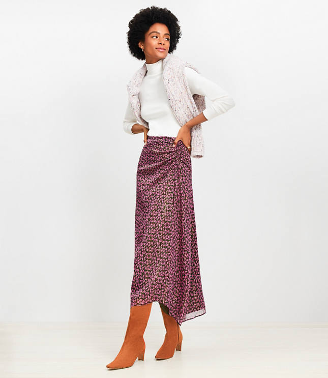 Shimmer Floral Ruched Midi Skirt