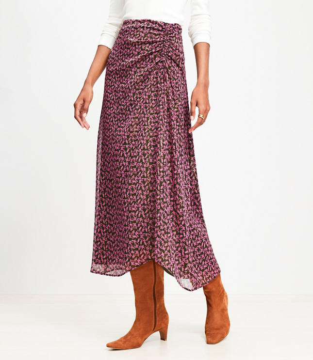 Shimmer Floral Ruched Midi Skirt