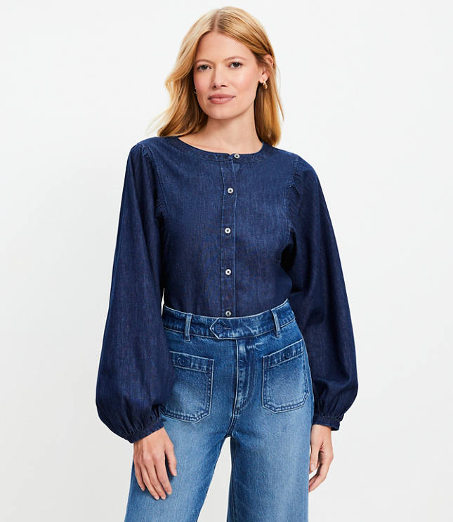 Petite Chambray Blouson Sleeve Blouse