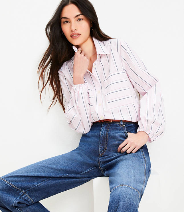 Petite Striped Poplin Blouson Sleeve Pocket Shirt