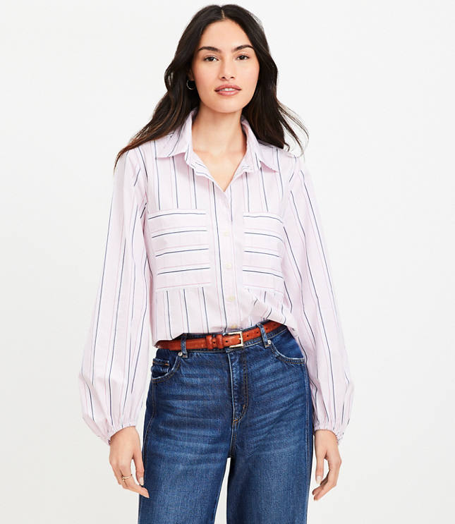 Petite Striped Poplin Blouson Sleeve Pocket Shirt