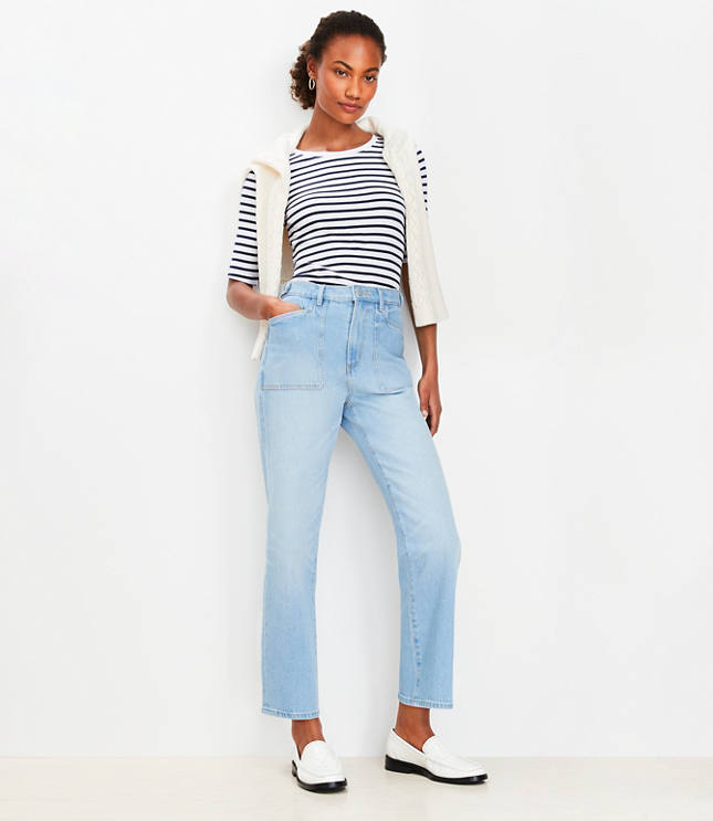 Tab Waist High Rise Straight Jeans in Bright Mid Indigo Wash