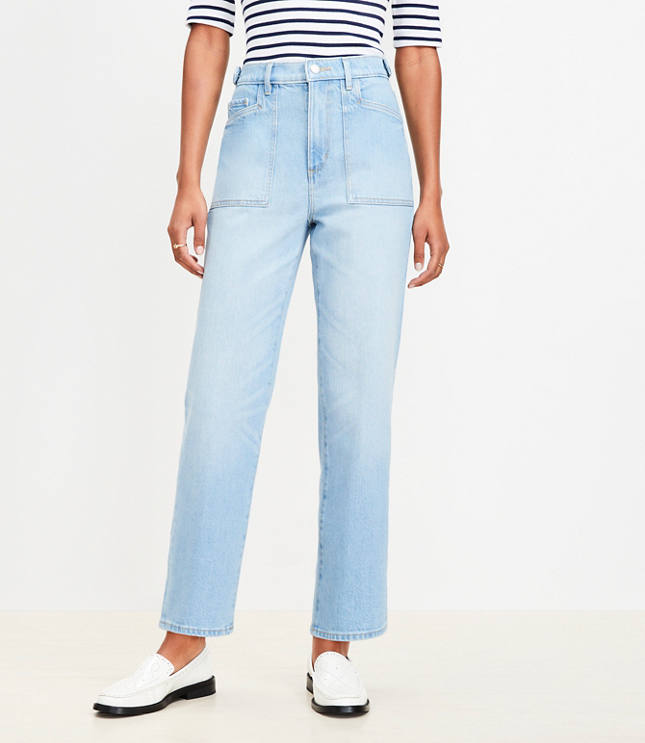 Tab Waist High Rise Straight Jeans in Bright Mid Indigo Wash