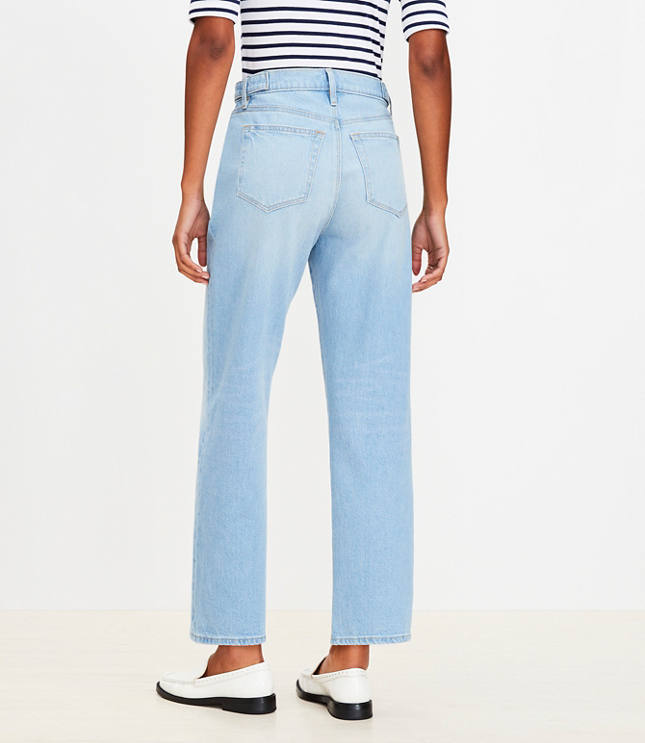 Tab Waist High Rise Straight Jeans in Bright Mid Indigo Wash