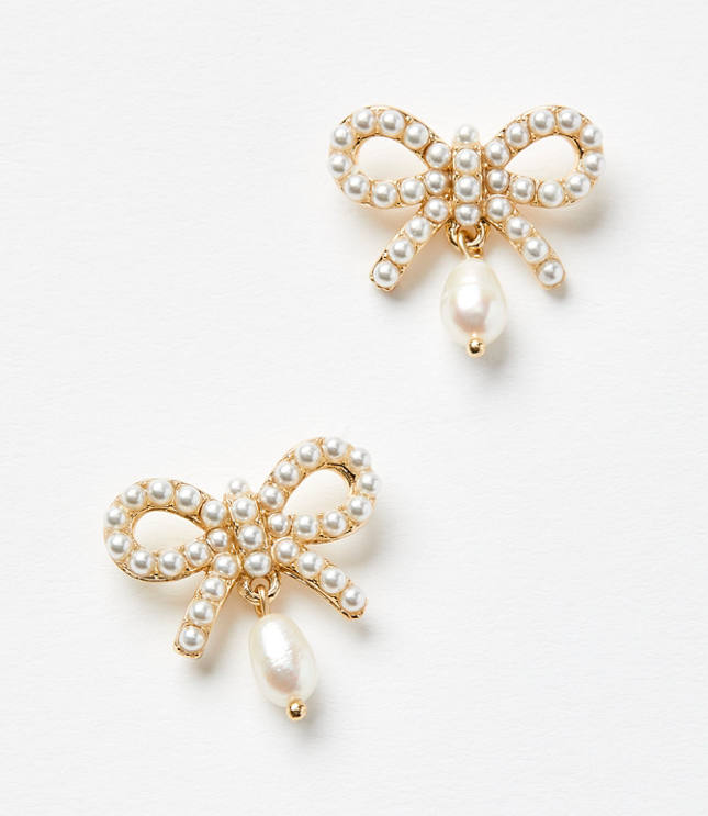 Pearlized Bow Drop Stud Earrings