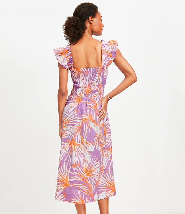 LOFT Beach Island Front Smocked Ruffle Strap Midi Pocket Dress