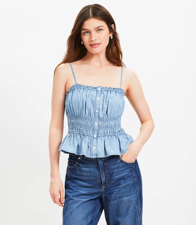 Chambray Ruffle Smocked Button Cami