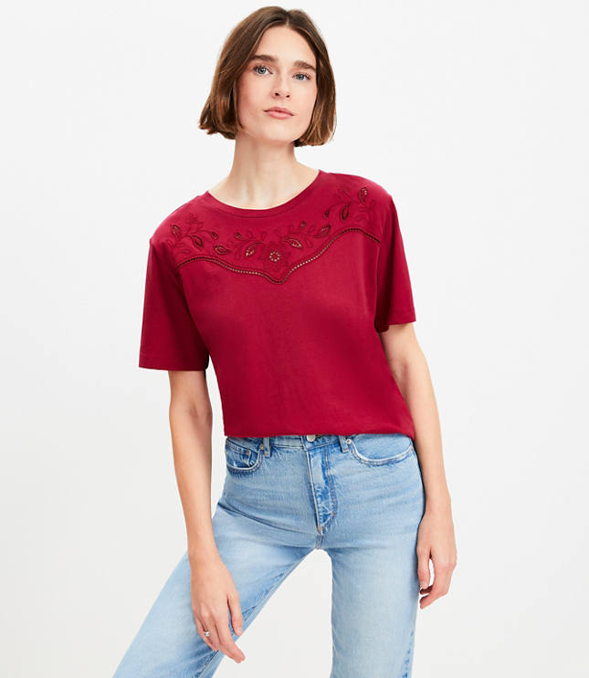 Floral Cutout Lace Yoke Tee