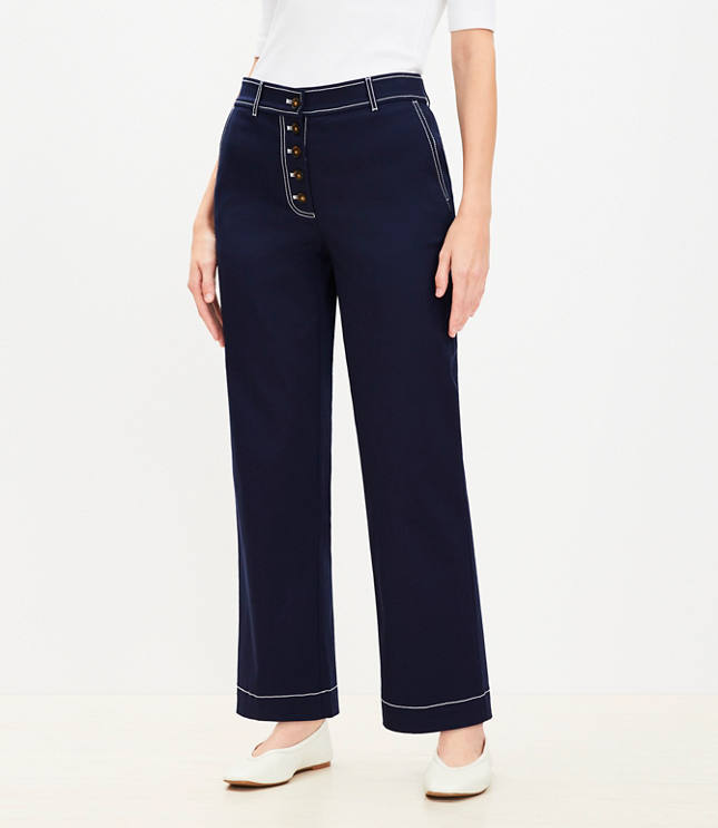 Petite Curvy Button Front Straight Pants in Twill