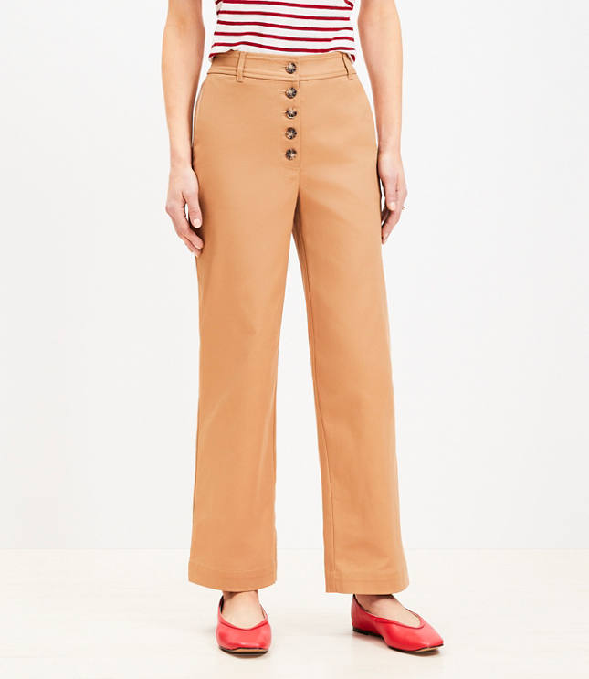 Petite Curvy Button Front Straight Pants in Twill