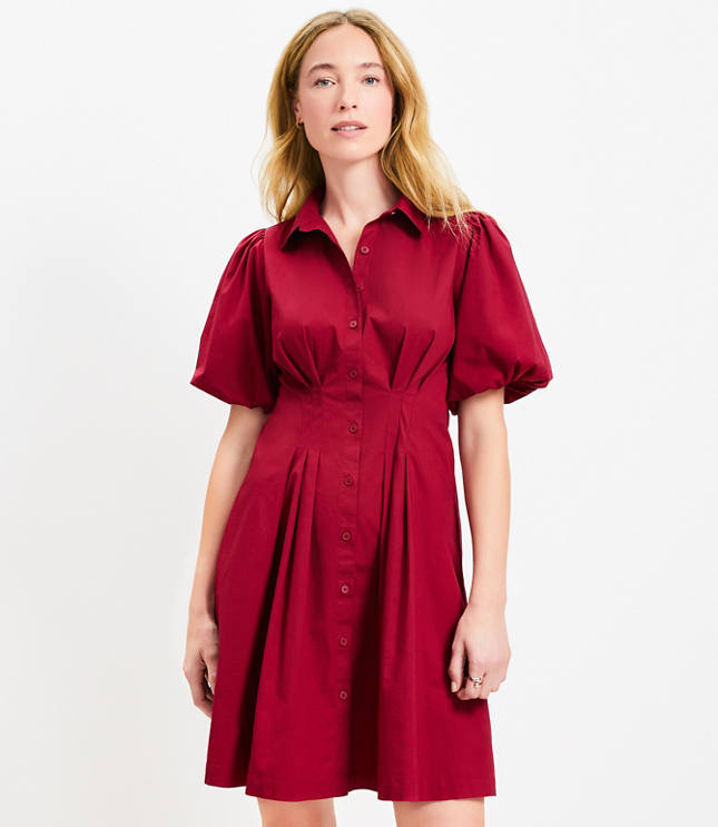 Pleated Bubble Sleeve Mini Shirtdress