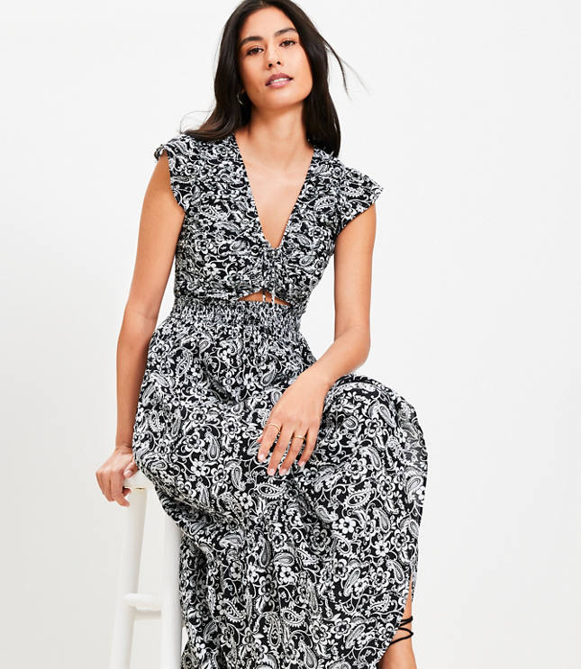 LOFT Beach Paisley Cutout Tiered Maxi Dress