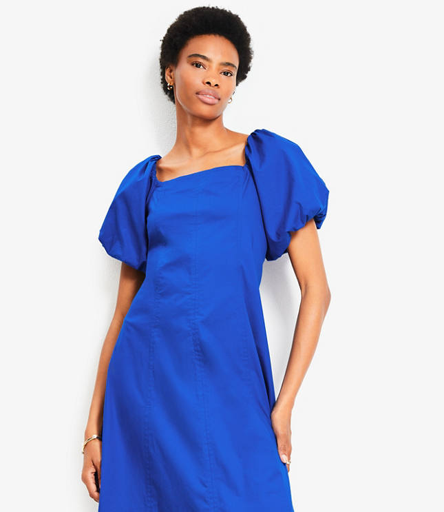 Seamed Puff Sleeve Midi Pocket Dress