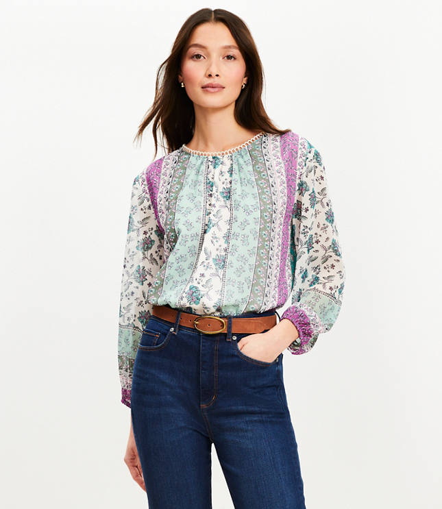 Petite Floral Stripe Scalloped Neck Blouse