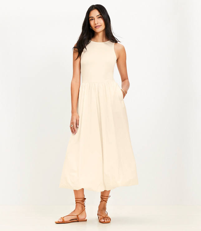 Loft Poplin Bubble Mixed Media Midi Dress