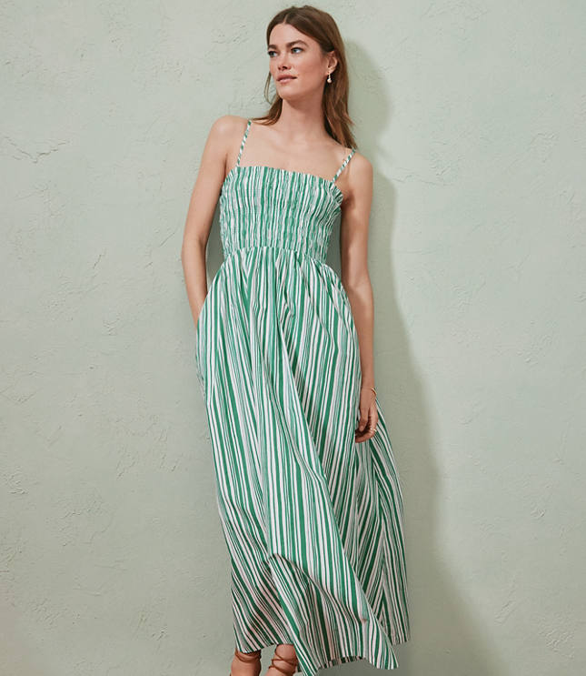 Striped Poplin Smocked Strappy Maxi Dress