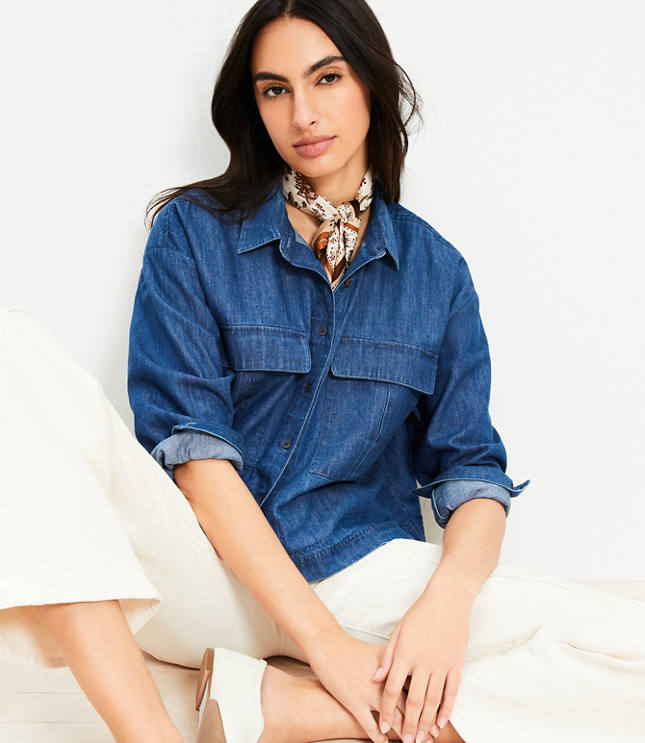 Petite Chambray Wide Sleeve Modern Utility Shirt