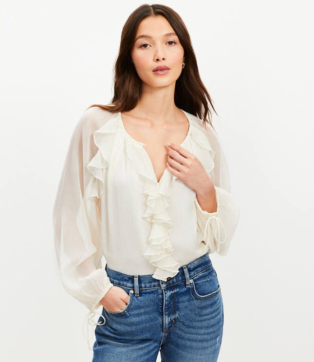 Petite Chiffon Ruffle Tie Cuff Blouse