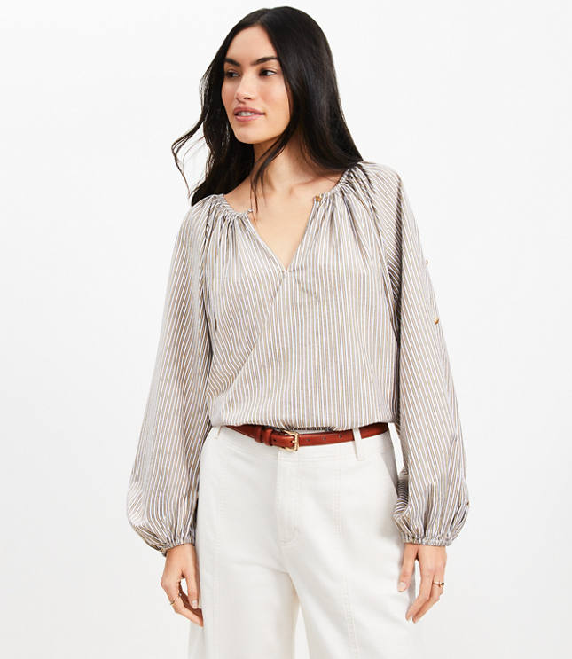 Petite Shimmer Striped Button Sleeve Blouse