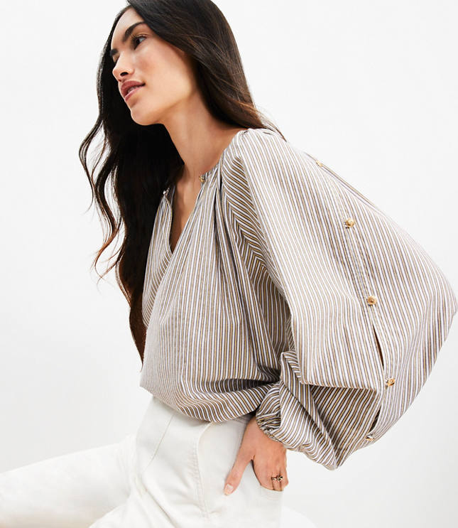 Petite Shimmer Striped Button Sleeve Blouse