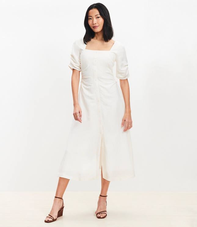 Shirred Linen Blend Button Midi Dress