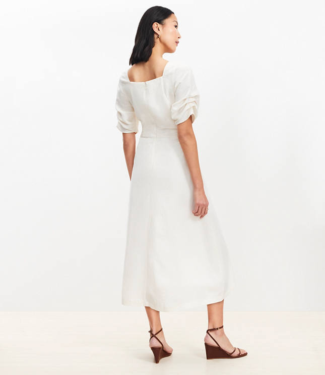 Shirred Linen Blend Button Midi Dress