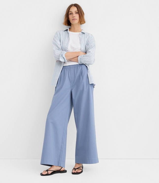 Petite Pleated Pull On Wide Leg Pants in Twill