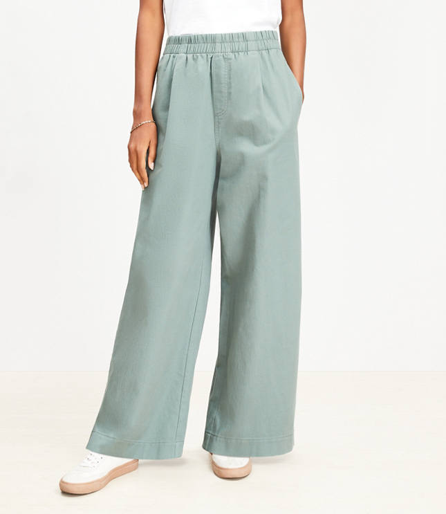 Petite Pleated Pull On Wide Leg Pants Twill