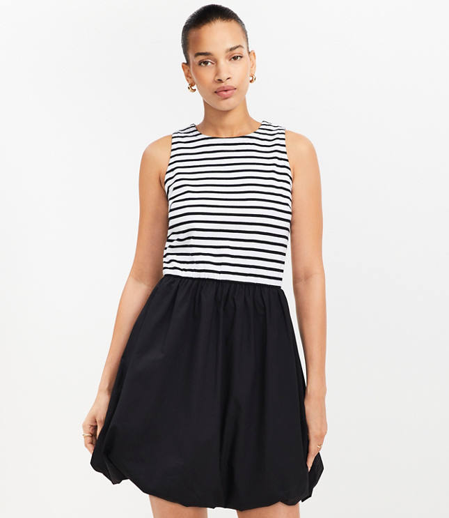 Petite Striped Mixed Media Bubble Hem Mini Dress