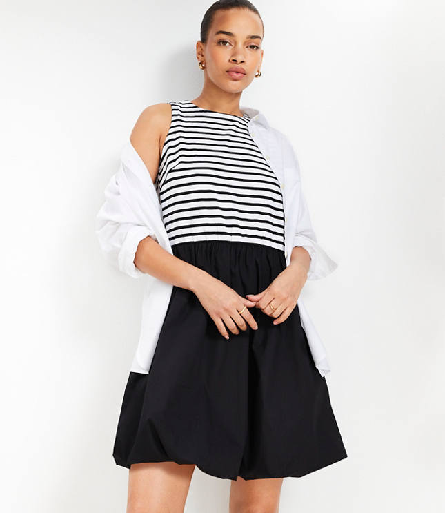 Petite Striped Mixed Media Bubble Hem Mini Dress