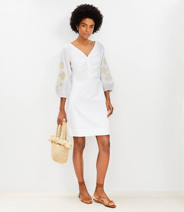 Floral Embroidered Poplin Shirred Mini Dress